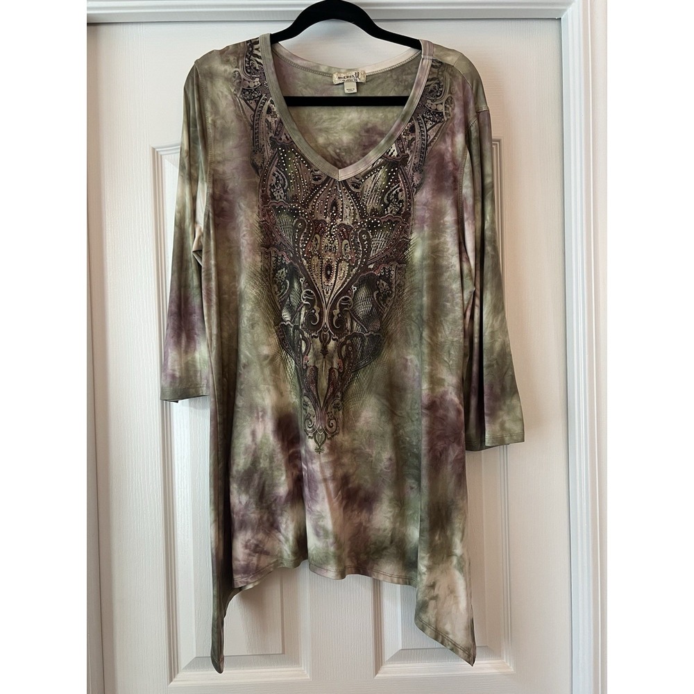 One World Top Tunic Womens Large Green Purple Tie Dye Studded Stretch Boho Indie